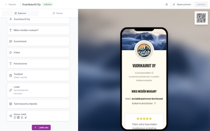 Sivu.me editor showing a professional page with live preview